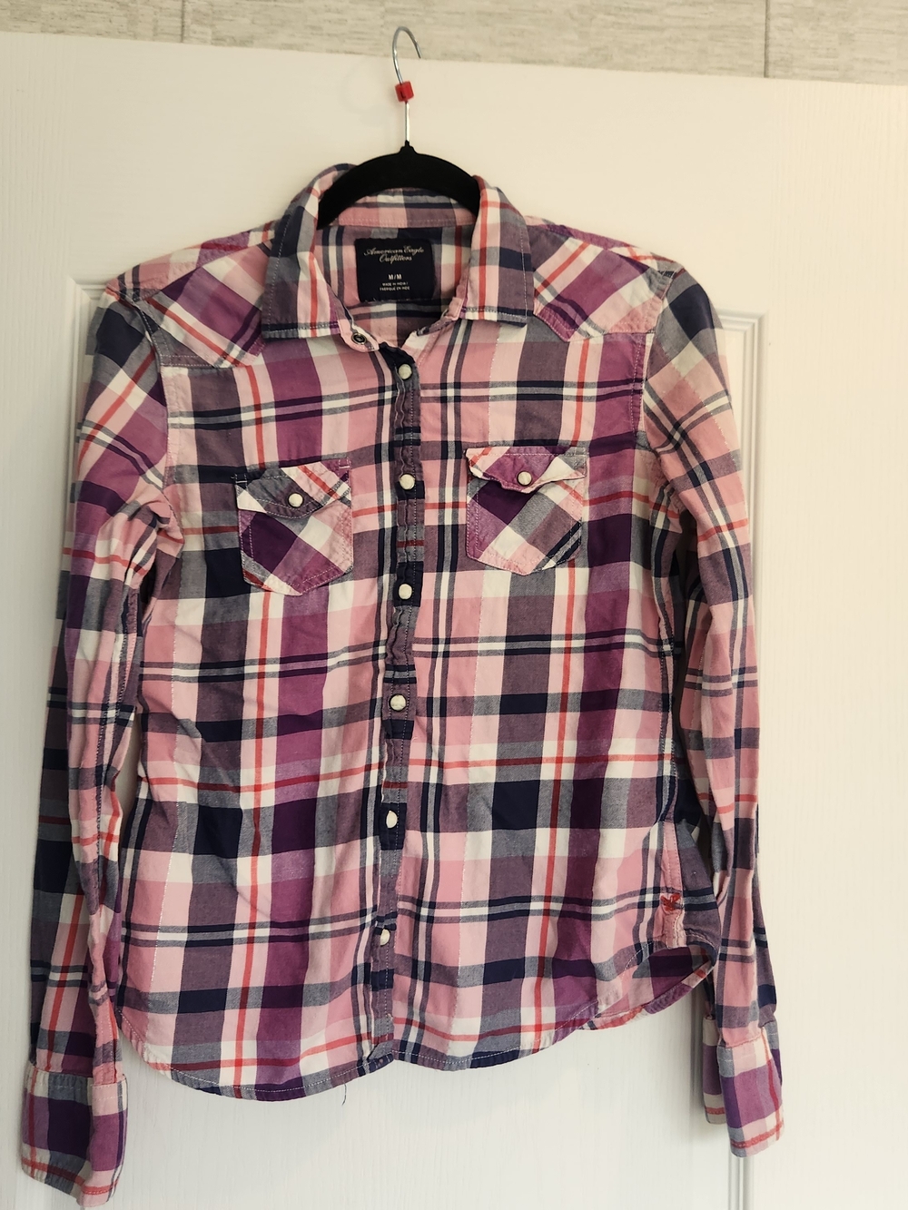 American Eagle Outfitters Pink & Purple Plaid Button-Down Shirt M Euc